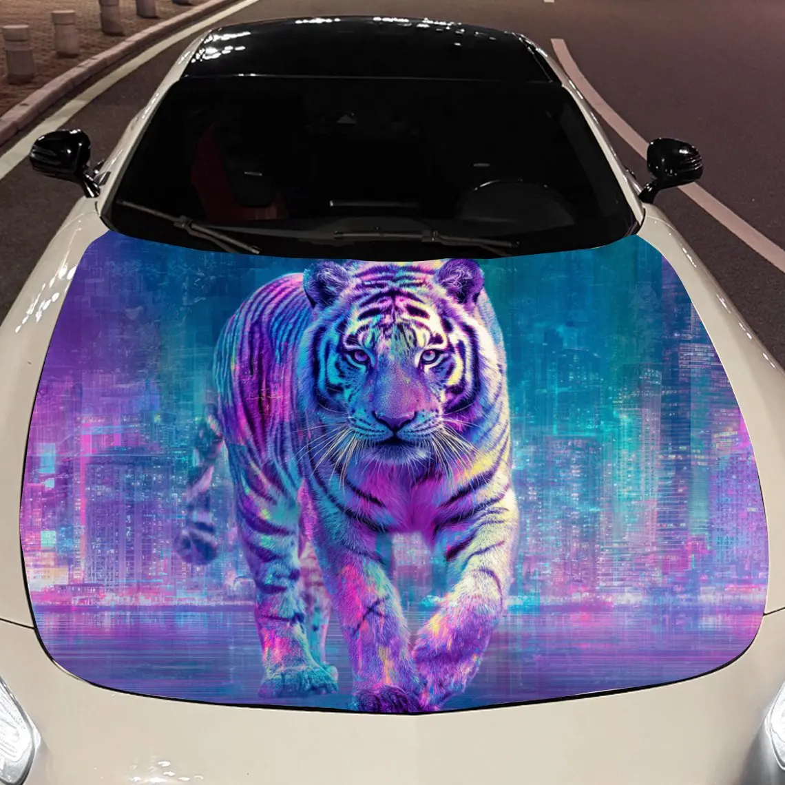 Car Decals A Tiger With A Vibrant And Futuristic Aura In A Colorful, Digital - Style Backdrop Car Hood Sticker, Waterproof Self