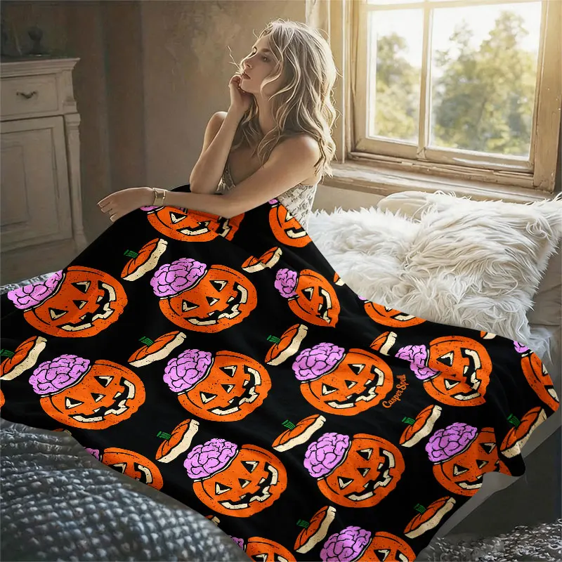 Halloween Pumpkin Brain Flannel Blanket Warm Soft Halloween Christmas Decorative Couch Warm Cozy All-Season Gift