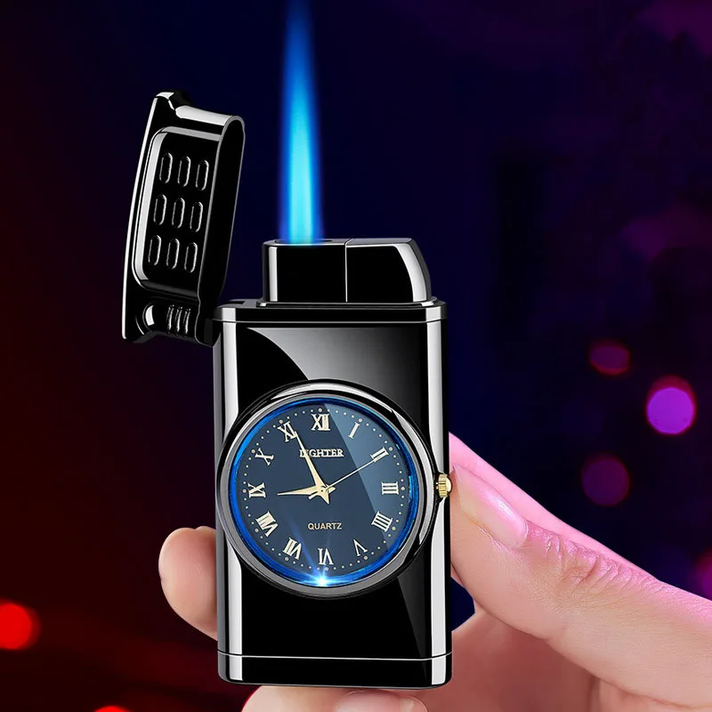 New Metal Outdoor Windproof Watch with Illuminated Dial Butane Gas Lighter Portable Carrying Cigar Large Fire Lighter Men's Gift