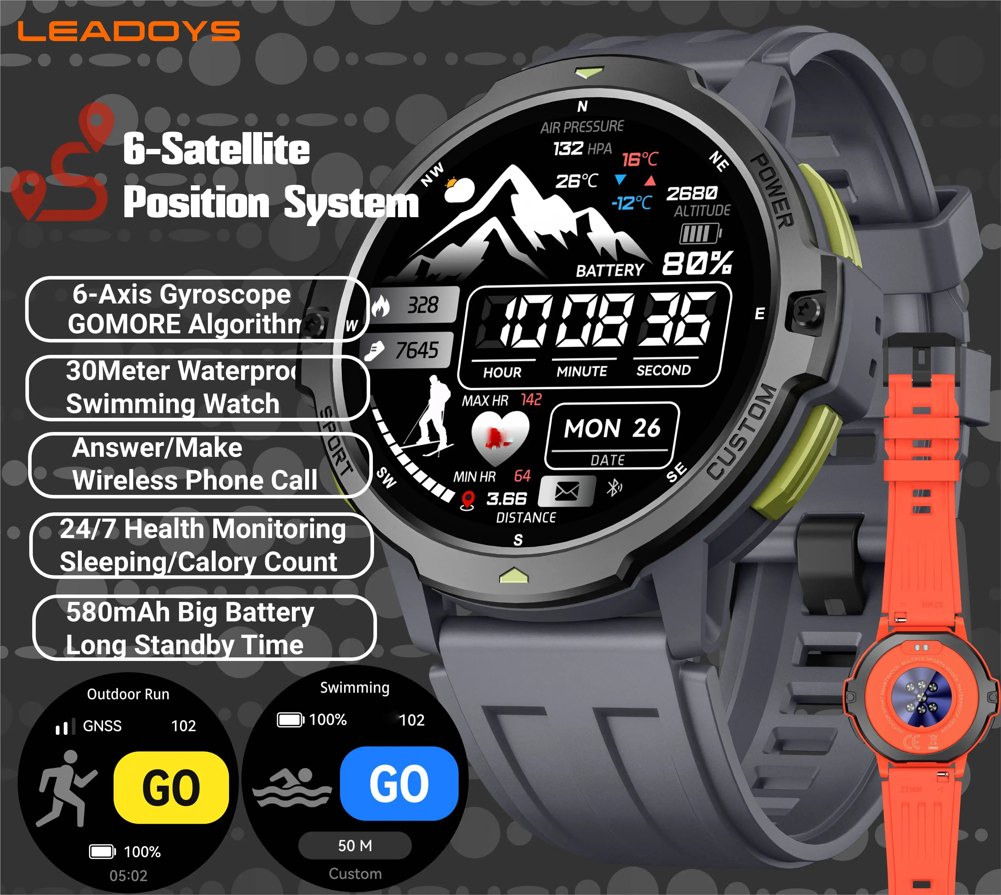 LEADOYS C31 للرجال نظام تحديد المواقع Smartwatch بلوتوث مكالمة هاتفية رسالة تنبيهات 50 متر مقاوم للماء السباحة تشغيل ساعة هدية الكريسماس #1