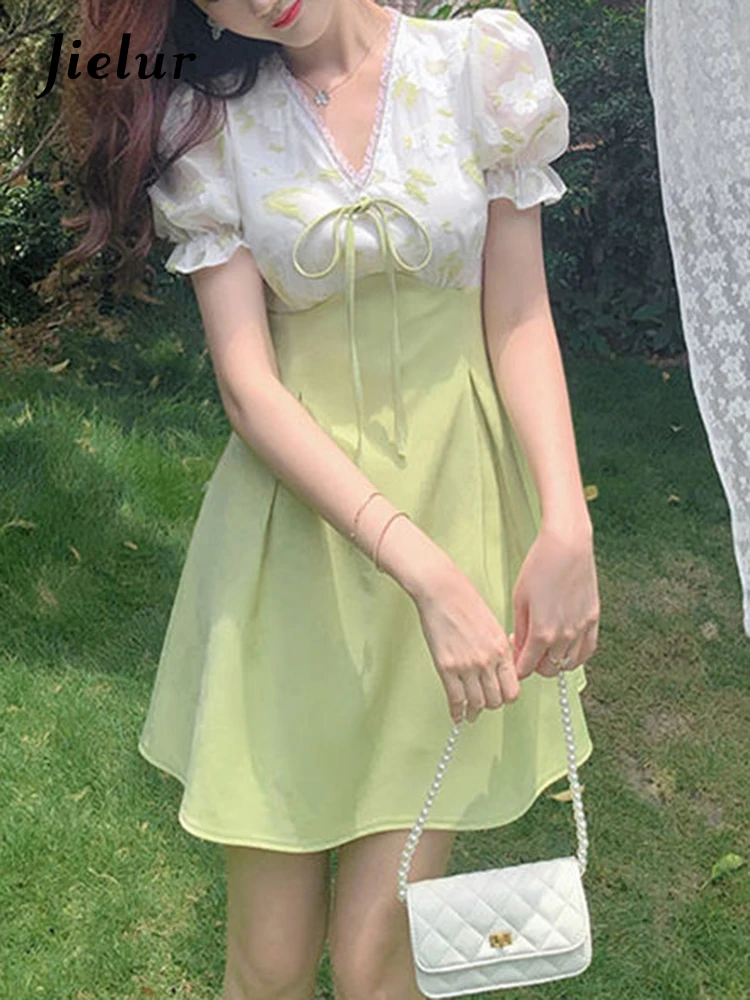 Jielur 2022 estate elegante abito floreale stampa donna dolce carino abito da sera Mini abiti stile manica a sbuffo abbigliamento da spiaggia Boho