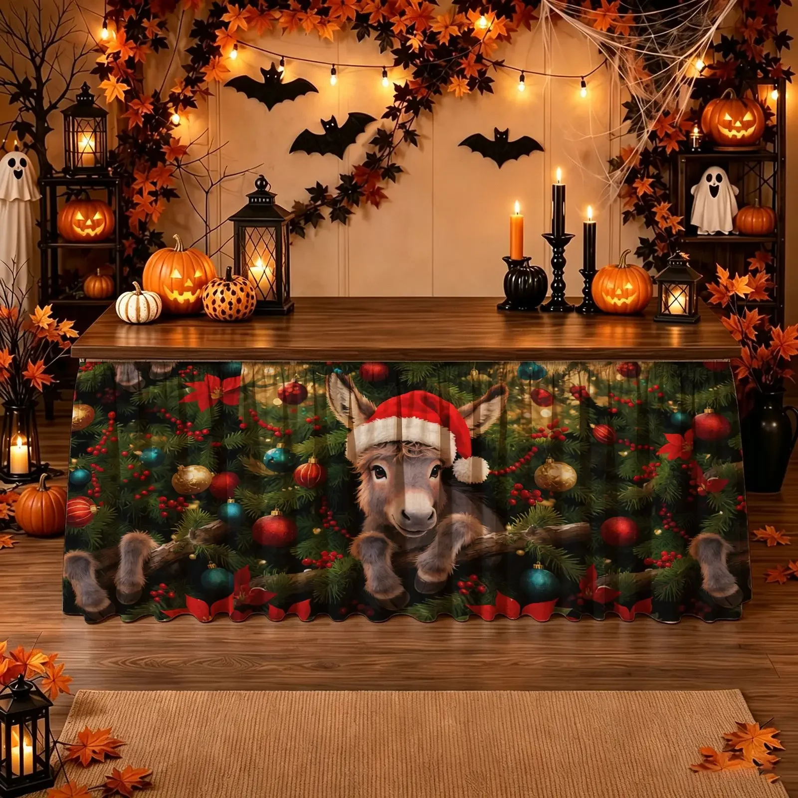 Halloween, Christmas, scary table skirts, a cute donkey wearing a Christmas hat peeks over the Christmas tree branches.
