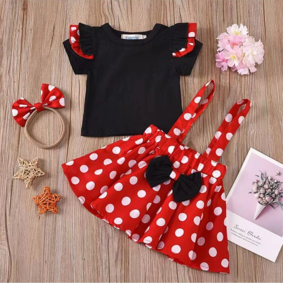 

Baby Cotton Clothes Set Black Short Sleeved T-Shirt with Polka Dot Red Strap Skirt Kids Party Clothes