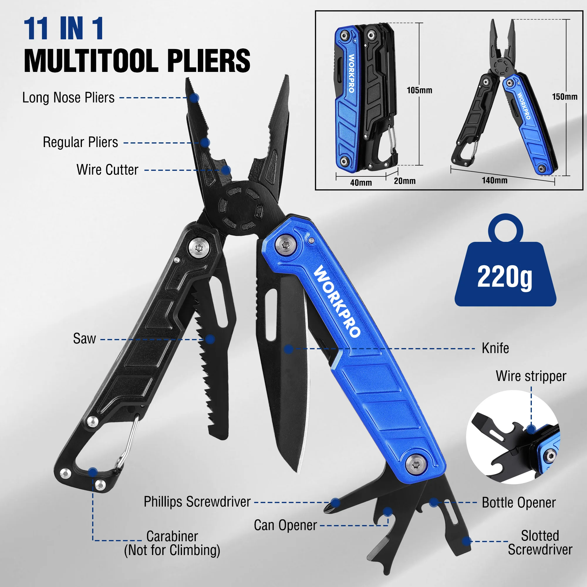 WORKPRO 11-in-1 Multi-tool Pliers with Carabiner and Sheath Folding Plier Wire Stripper Outdoor Camping Pocket Mini Portable