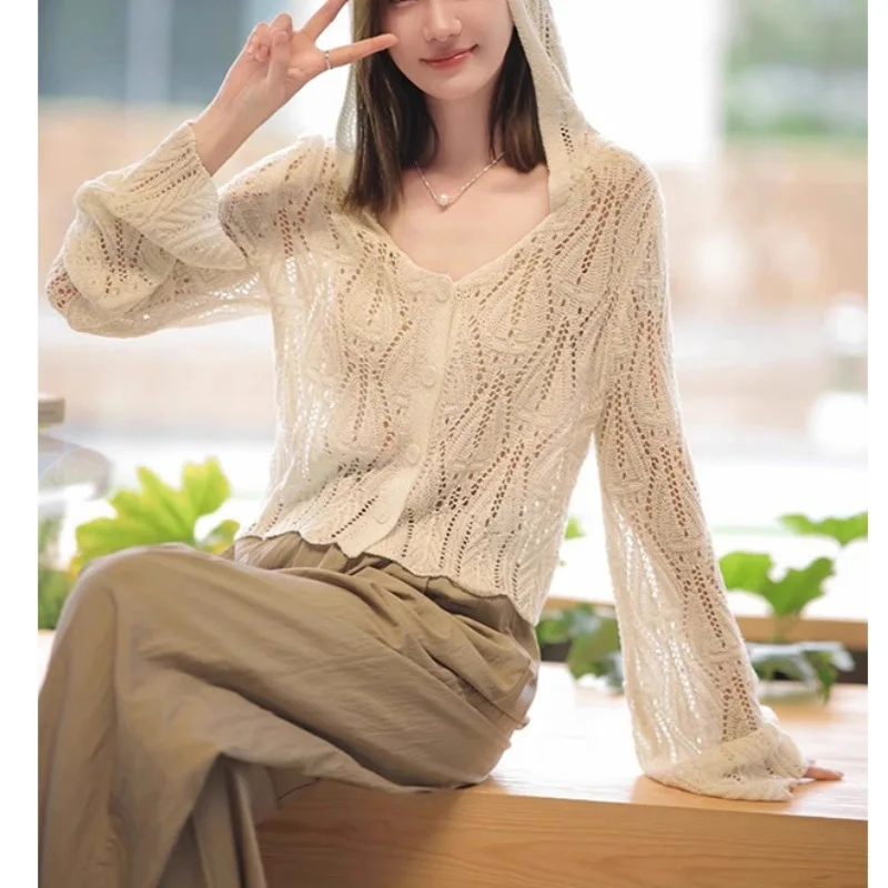 2024 Women's Fashion Hollow-out Hooded Design Knitted Cardigan Loose All-Match Long-Sleeved Sweater