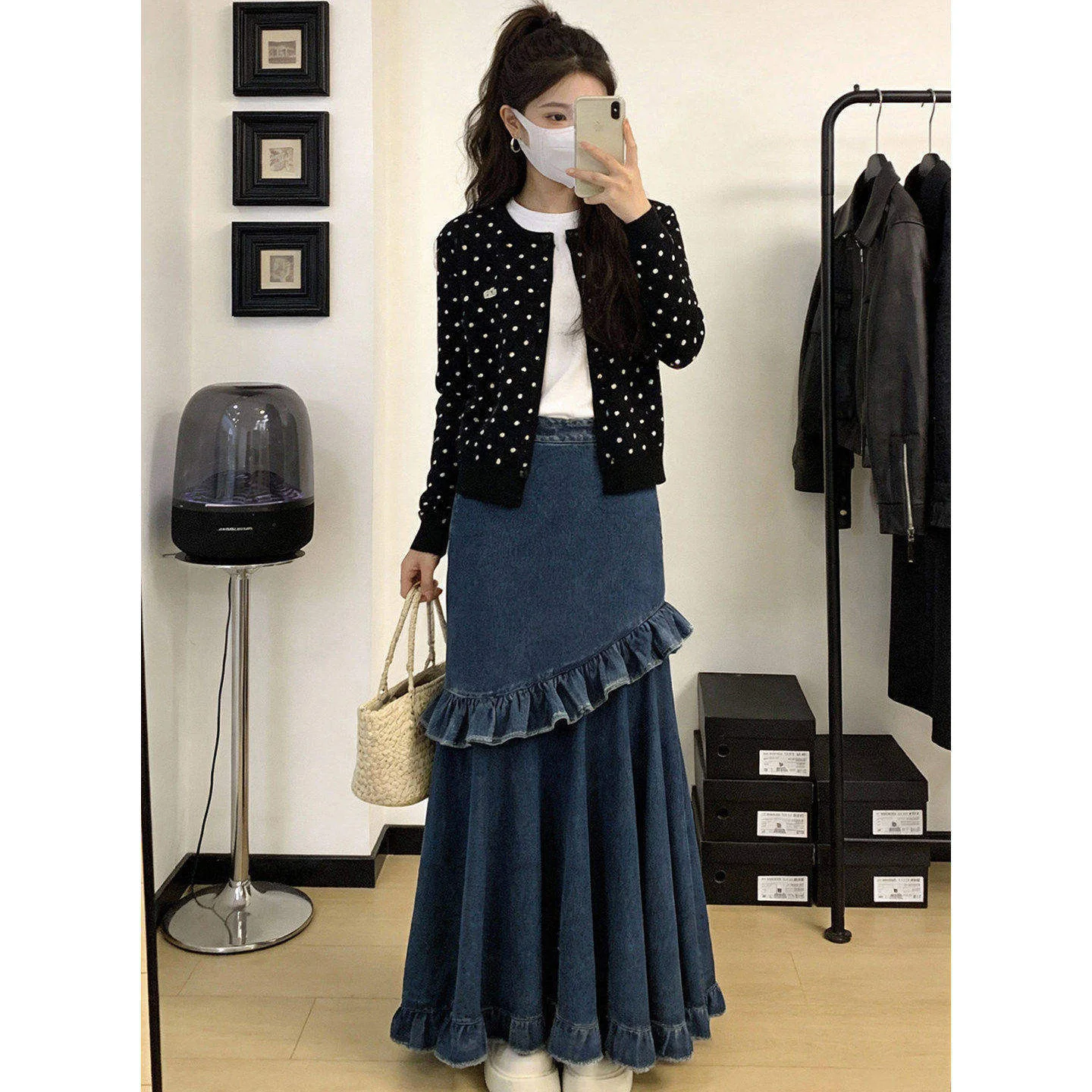 

Винтажная американская синяя джинсовая юбка миди с рюшами, асимметричная расклешенная юбка с высокой талией, милая женственная повседневная одежда в стиле Y2K