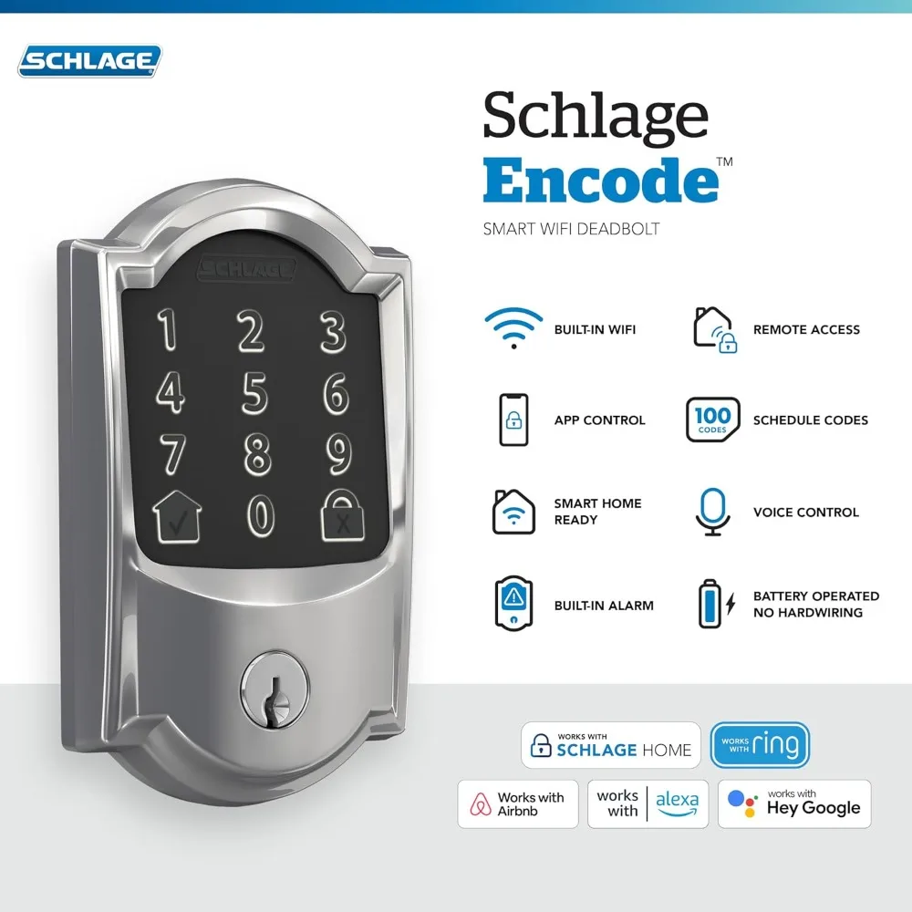 Schlage Encode Smart WiFi Deadbolt mit Camelot-Besatz in hellem Chrom
