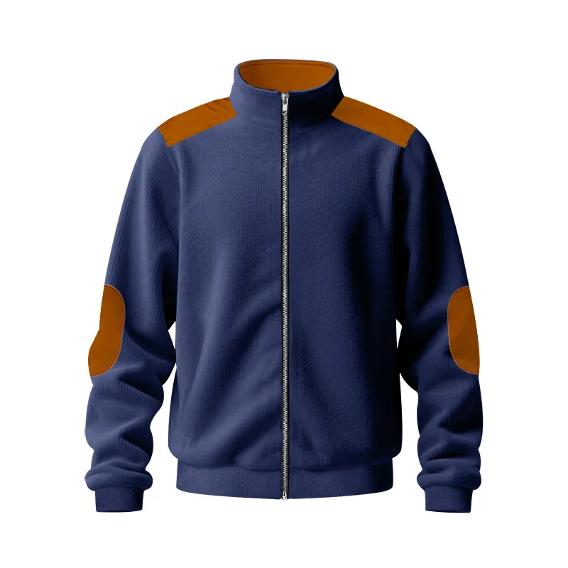 Herren Stehkragen Cordjacke, Farbblock-Design, Reißverschluss-Mantel, Retro, Locker Geschnitten, Lässig, Langarm, Herbst-Winter, Alltag, Streetwear – Detail 14