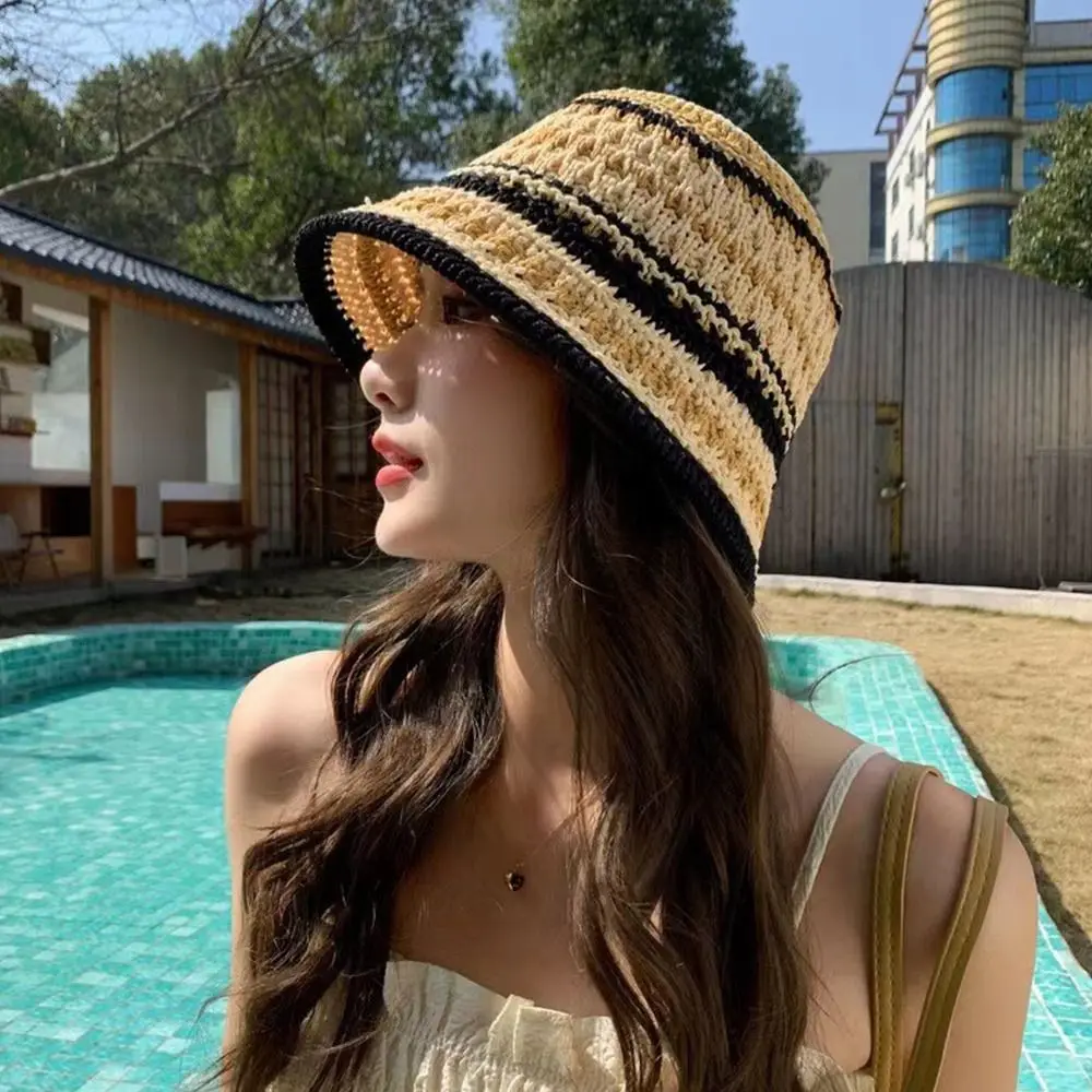 Foldable Striped Knitted Hollow Fisherman Hat Big Eaves Breathable Straw Bucket Cap UV Protection Multicolor Basin Hat Travel