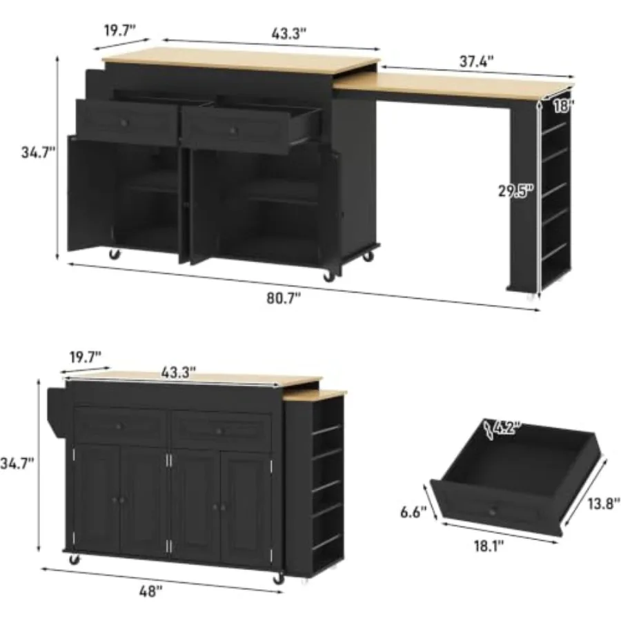 Kitchen island for home use, stainless steel, matte black, extendable from 48 to 80 inches with power outlet, 2 drawers and 3 o