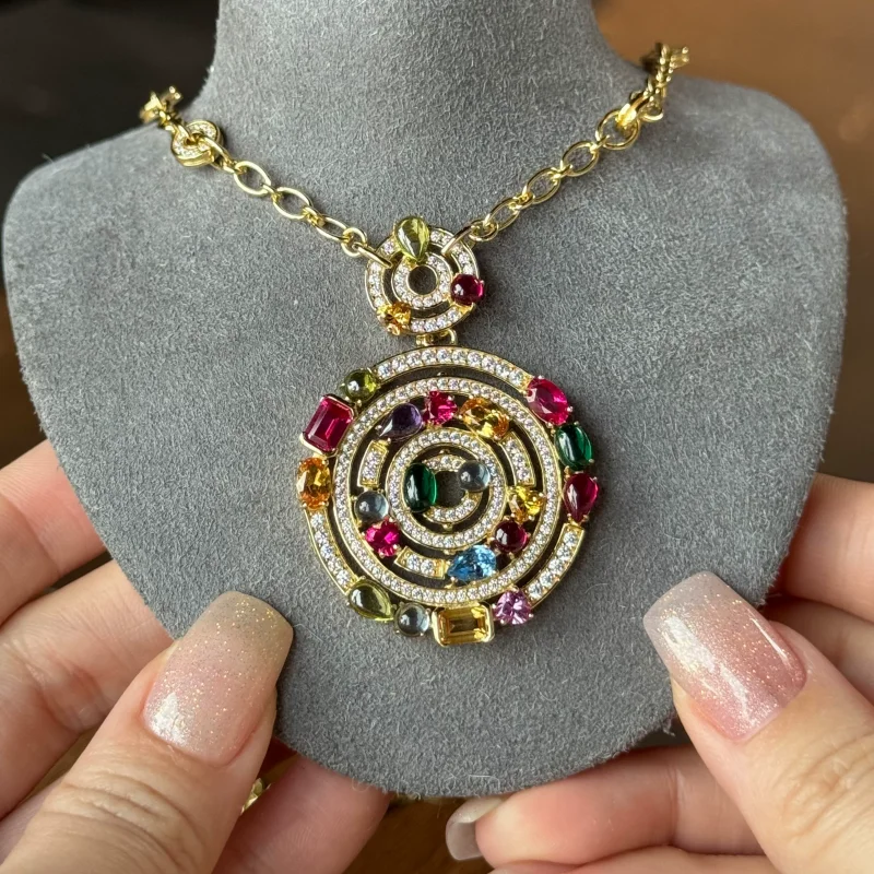 Bellux colorful element circular circle pendant detachable 925 silver gold-plated lab grown sapphire vintage necklace