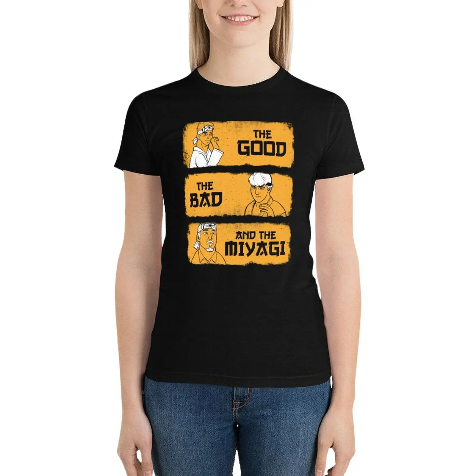 Camiseta gráfica feminina, roupas de senhora, roupas estéticas, ajuste solto, o bom, o mau e o miyagi