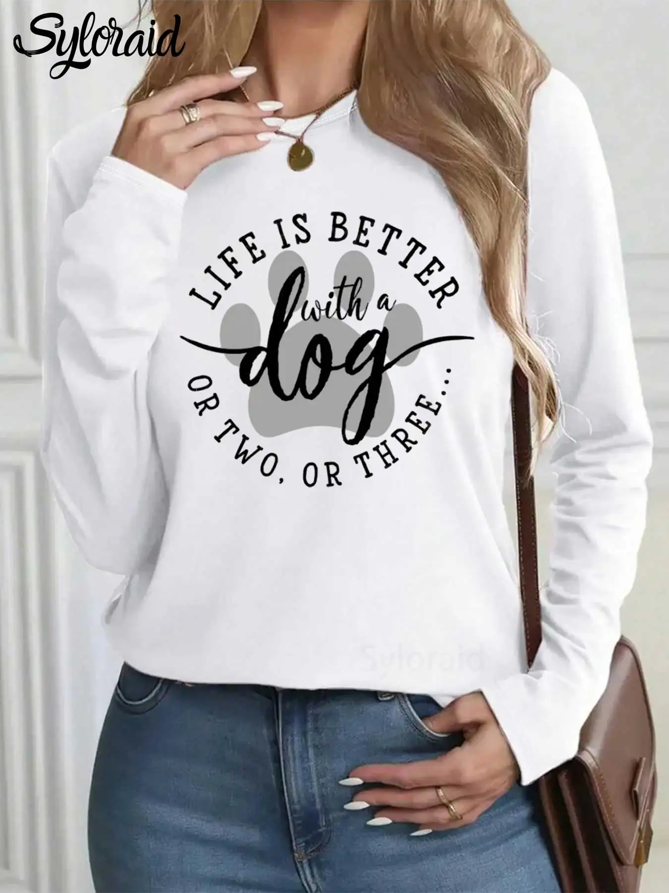 تي شيرت نسائي بأكمام طويلة، تي شيرت مضحك لمحبي الكلاب، الحياة أفضل مع قميص كلب، قميص كاجوال برقبة دائرية #1