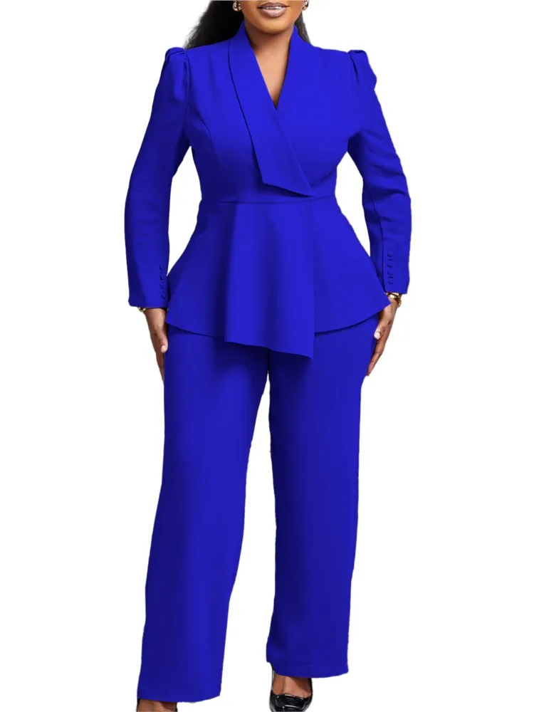 Women Two Pieces Set Elegant Long Sleeves Tops High Waist Pants Trousers Modest Peplum Office Ladies Work Wear Business Suit New