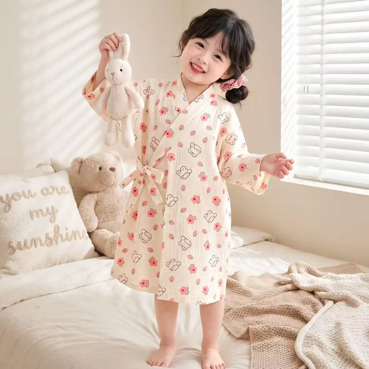 Spring Autumn Stylish Muslin Bathrobe For Toddler Baby Girls Soft Kids Loungewear Long Sleeve Home Robe