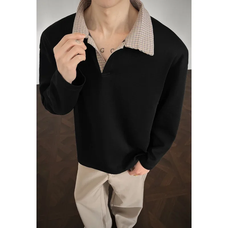 Men Plaid Splicing Lapel Long Sleeve Polo Top Half Button Closure Heather Knit Fabric For Youth Minimalist Streetwear