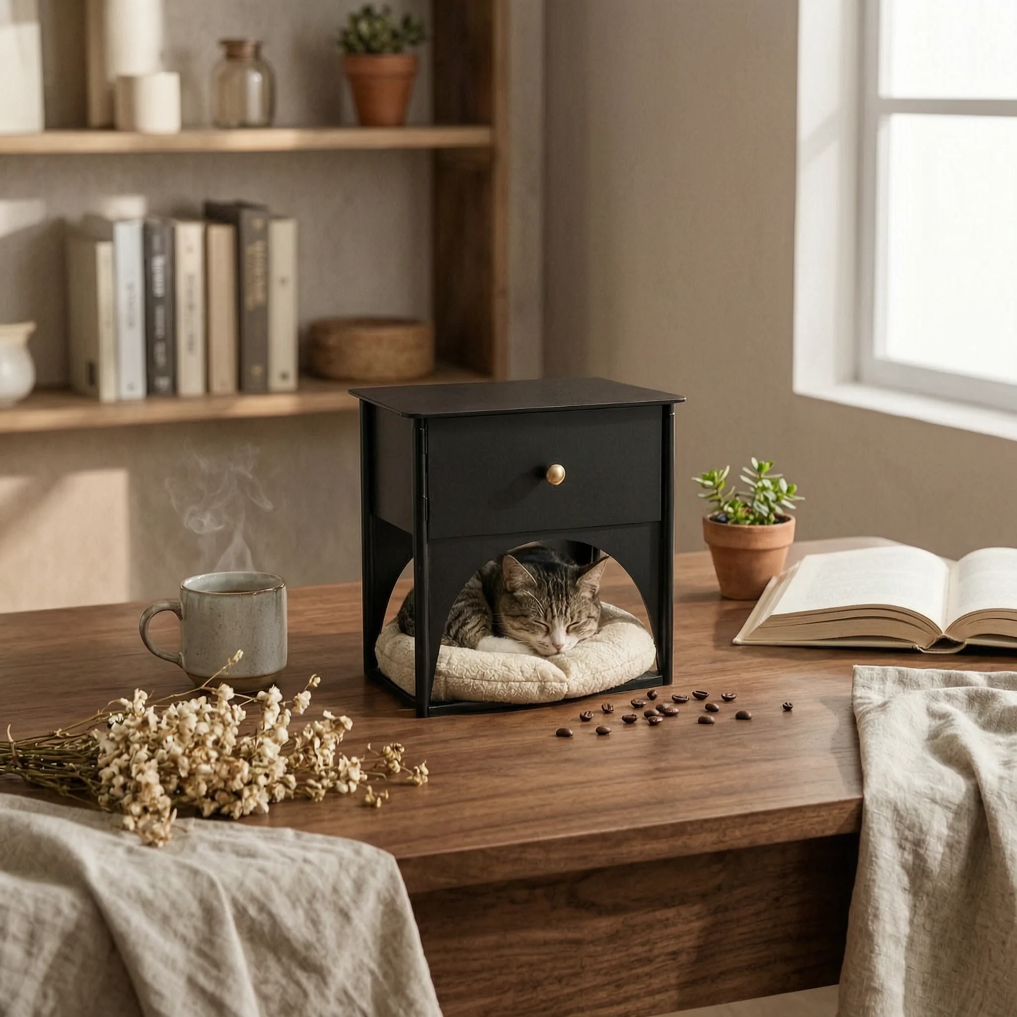 Cat House Storage Shelf Compact Design Sturdy Build Pet Accessory Nightstand for Neat Bedroom Decor