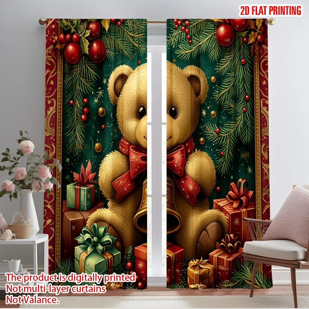 2pcs,2D plane printing Minimalist Curtains Christmas Bell Teddy Bear Gifts Polyester Easy Install (without rod) Decorations