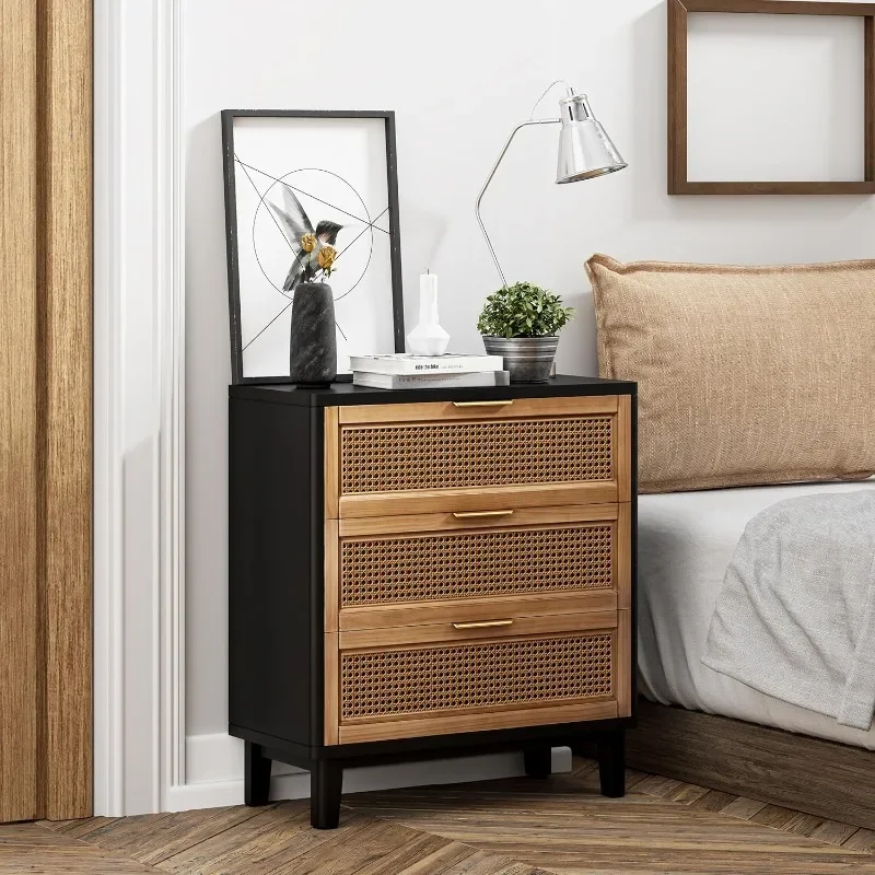 Farmhouse 3-Drawer Nightstand, Woven Cane Front Accent Dresser with Brass Pull, Fully-Assembled, Black