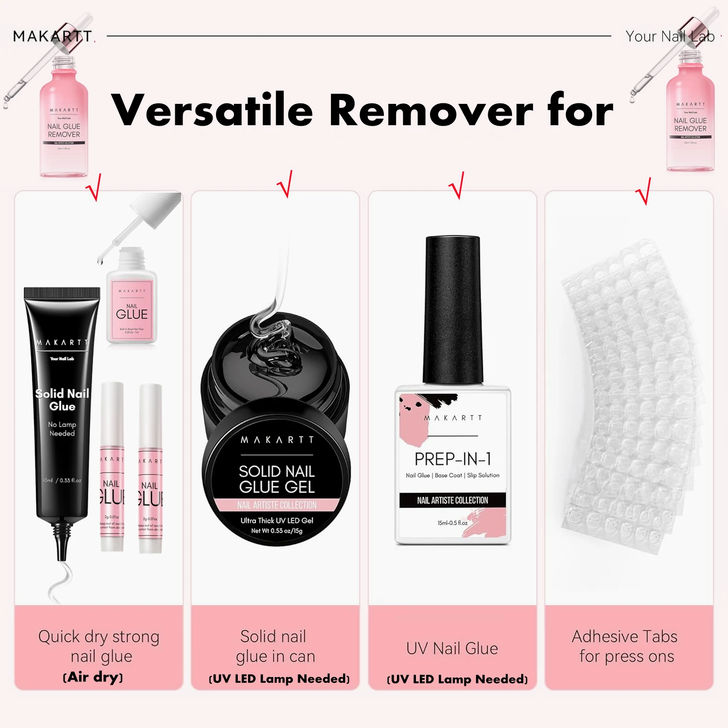 Makartt Solid Nail Glue for Press on Nails, Nail Glue Remover for UV Nail Glue, Non acetone Gentle Glue Off for False Nails Glue