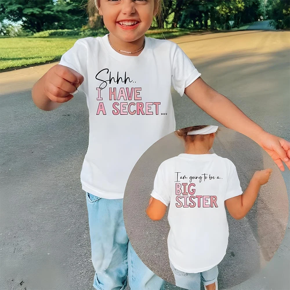 تي شيرت الأخت الكبرى لدي سر تم ترقيته إلى الأخت الكبرى إعلان الحمل هدية الذهاب إلى أخت كبيرة للأطفال تي شيرت