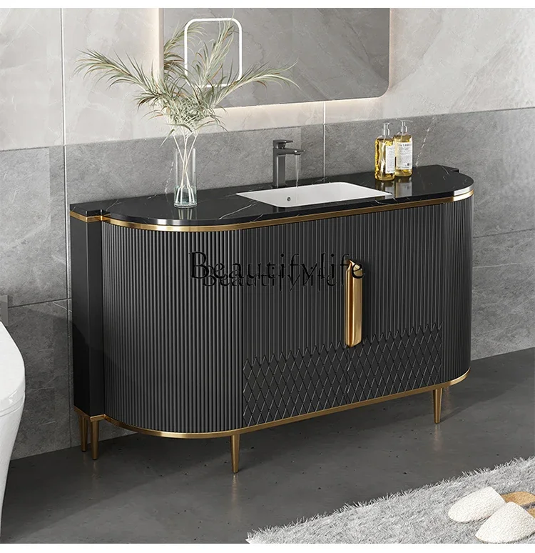 Light Luxury Bathroom Cabinet Solid Wood Modern Minimalist Floor Bathroom Wash Basin Cabinet Combination