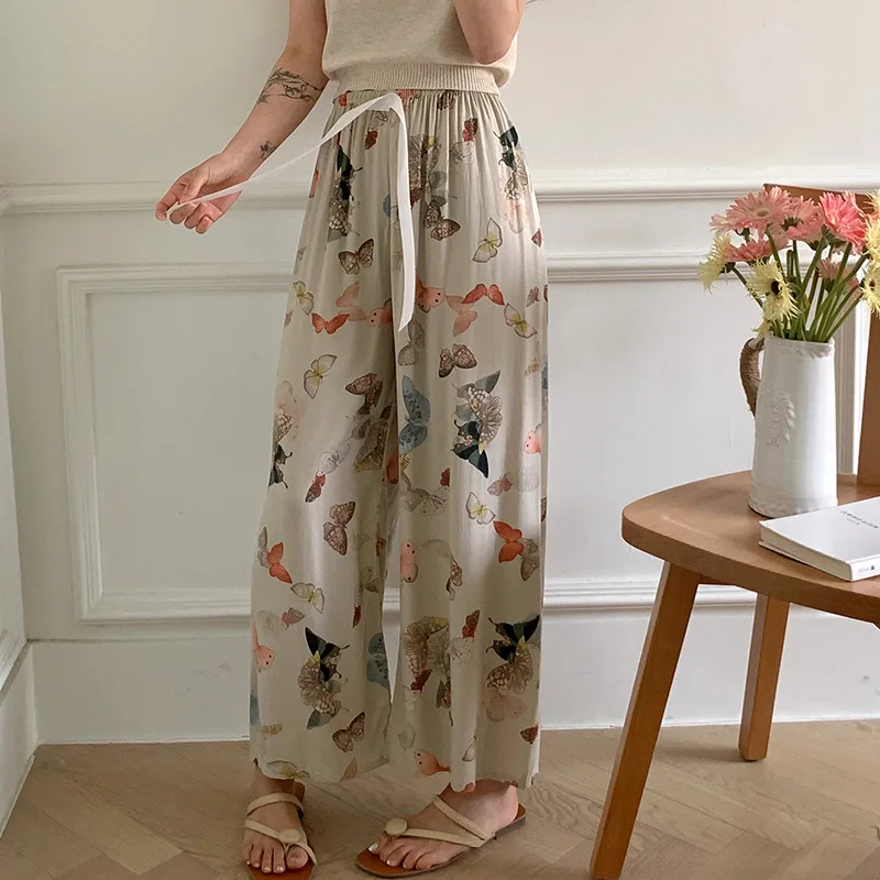 Summer New Floral Printed Sleep Bottoms Women Pajama Pants Soft Viscose Lounge Trousers Elastic Waist Thin Home Wide Leg Pants