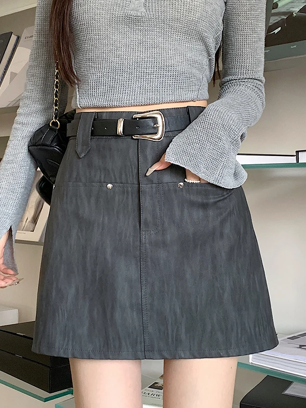 Gray Suit Half Skirt Women's Autumn Winter High Waist Slim PU Leather Short Skirt Small Size A-Line Bodycon Skirt