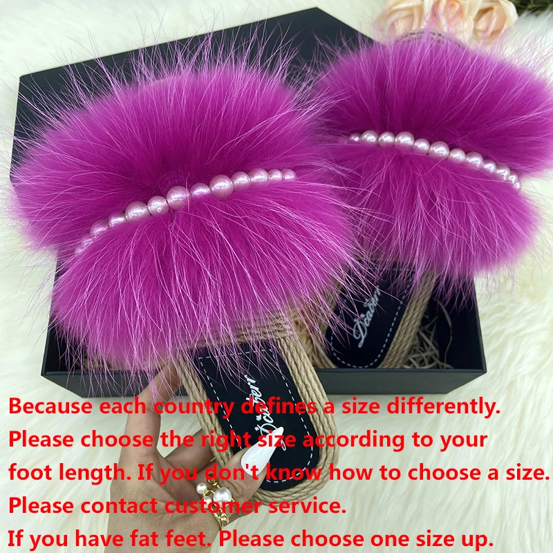 100% Natural Fox Fur Slippers Woman Summer Faux Espadrilles Pearl Chain Fluffy Slides Flip Flops 2022 Flats Women Shoes Sandals