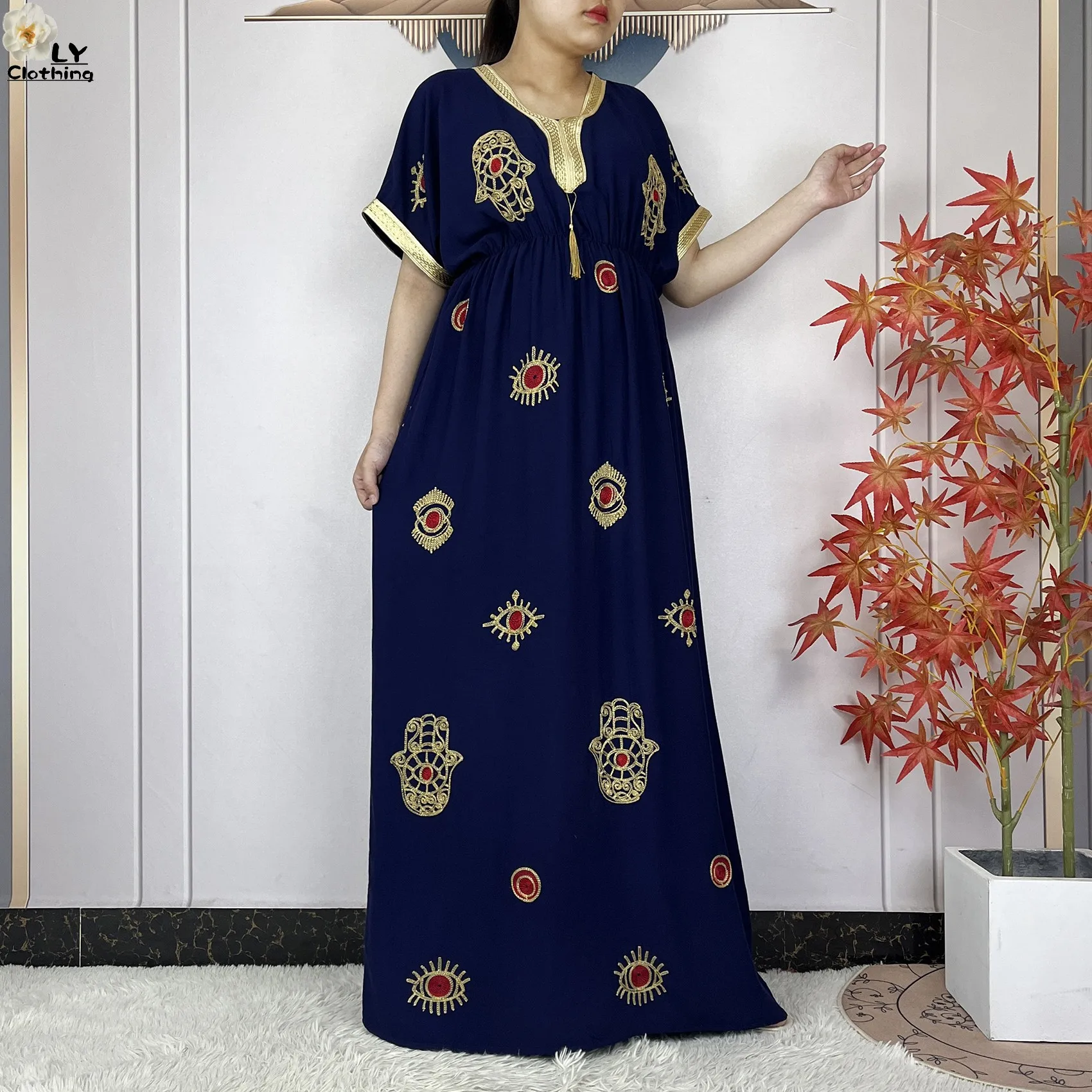 فستان نسائي أنيق عالي الجودة لعام 2025 مطرز بالقطن دبي موضة بوبو ماكسي إسلام ملابس نسائية بأكمام قصيرة عباية إسلامية #4