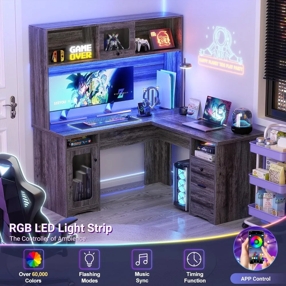 L-Shaped Desk with Power Outlet and LED Lighting, Corner Office Desk with File Cabinet Drawer