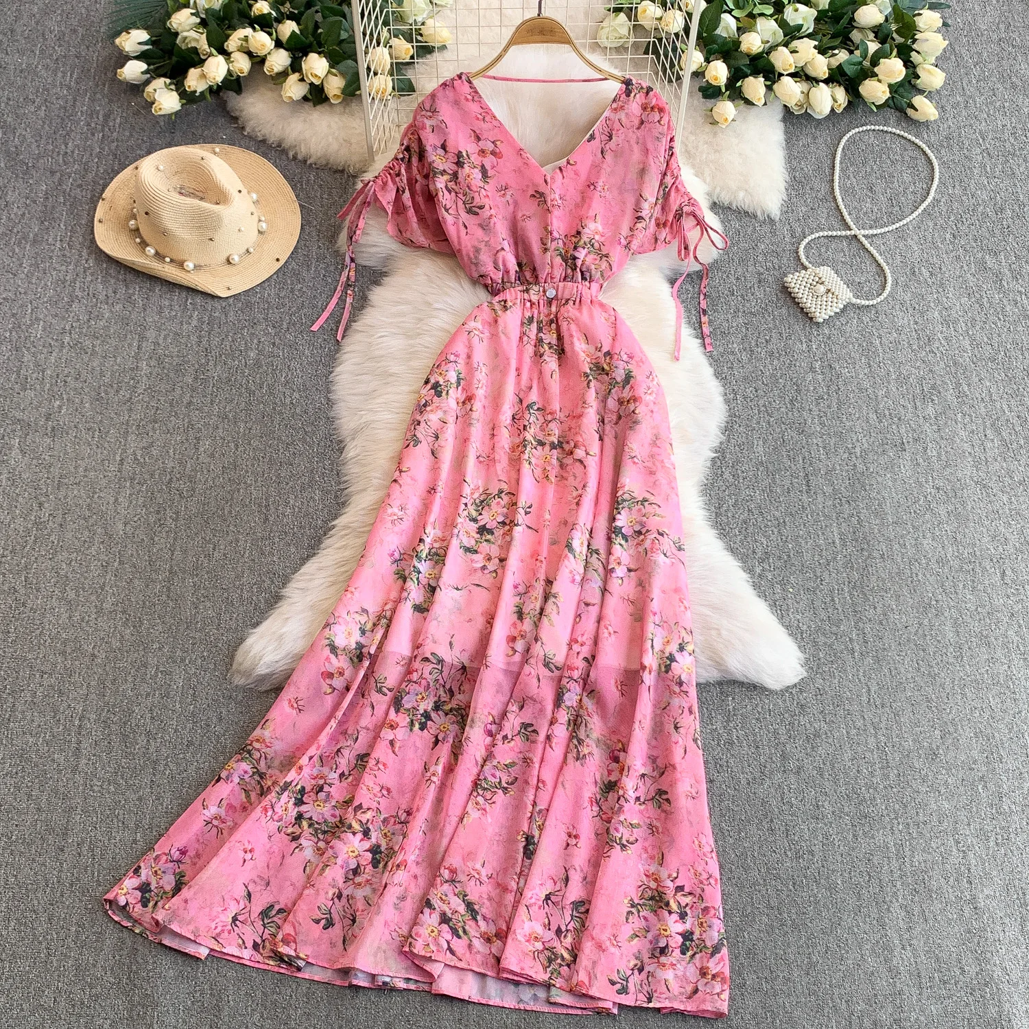 

print Casual V-Neck Draw String slim fit long Dress French high street clothing women clothing Two Piece Set