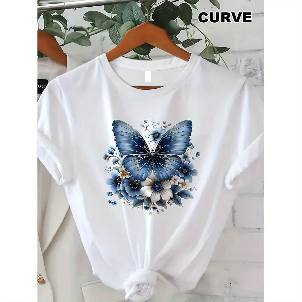 

[Trebalena Graphic Tee]Comfortable Women's Oversized Print T-shirt Blue Butterfly Floral Print Women's T-Shirt - Sexy Casual Top