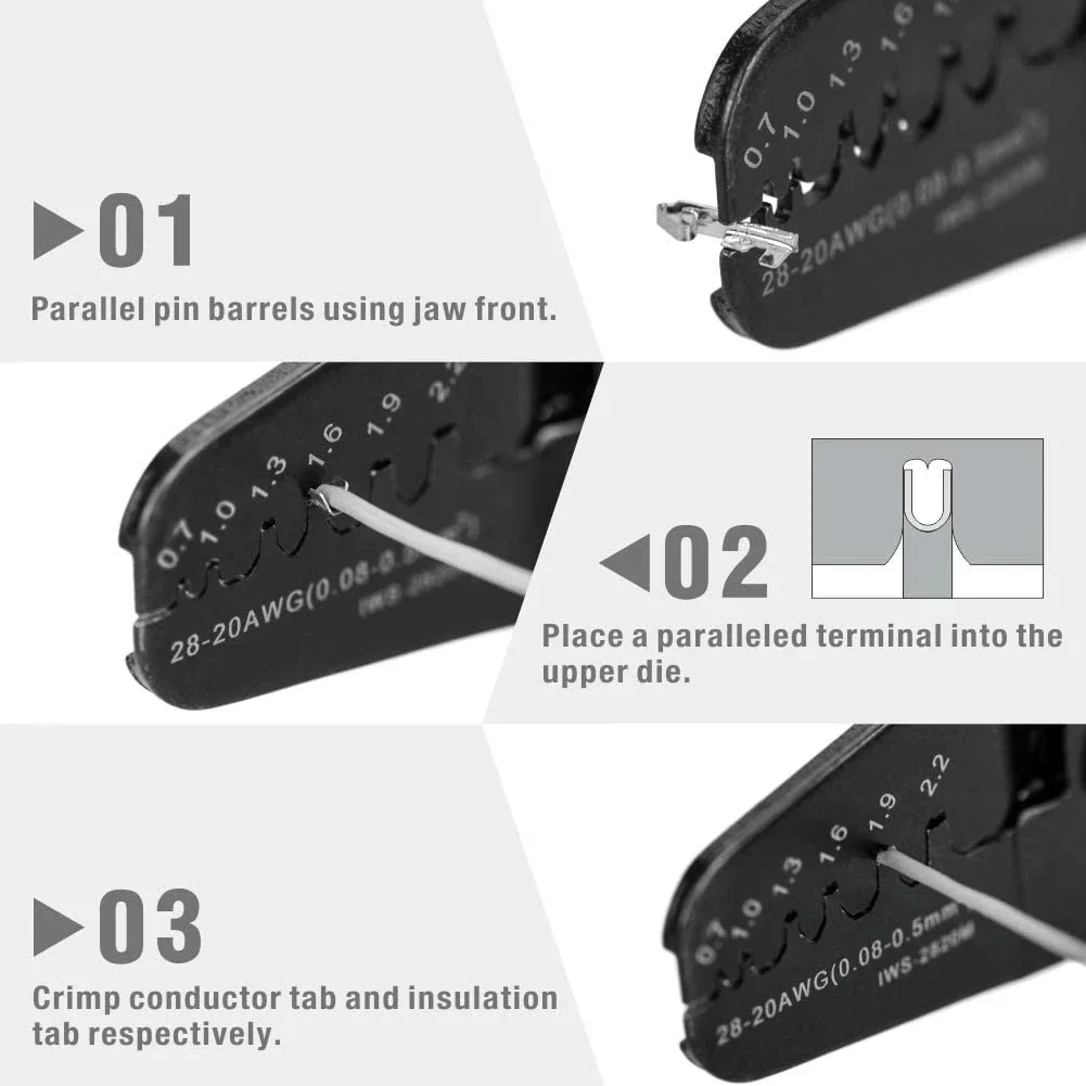 Imagem -05 - Iwiss-mini Open Barrel Crimping Alicate Mini Hand Crimper Tool Terminais e Conectores Awg2820 Jam Molex Jst Iws-2820m