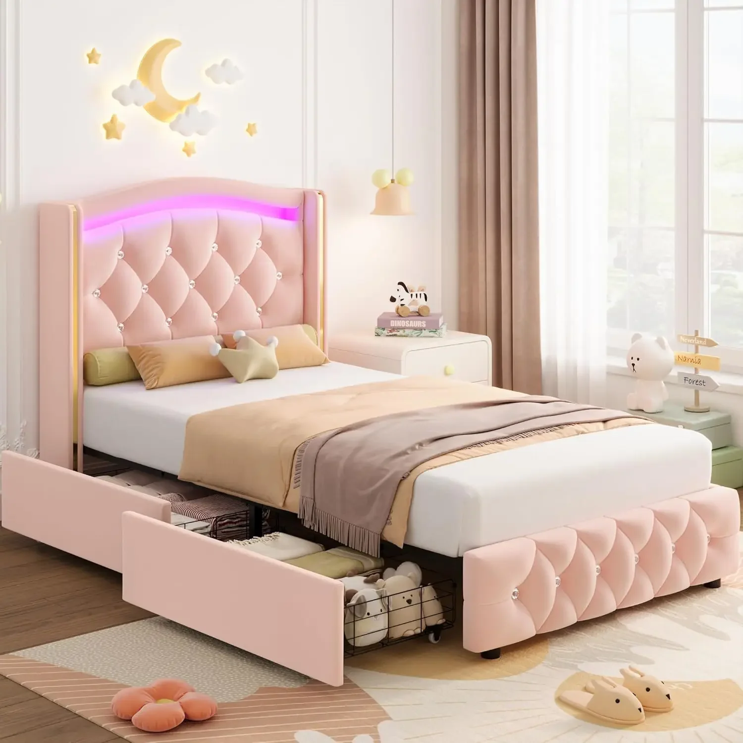 Twin LED Bed Frame with Crystal Button-Tufted Headboard and 4 Storage Drawers, Velvet Princess Twin Size Platf