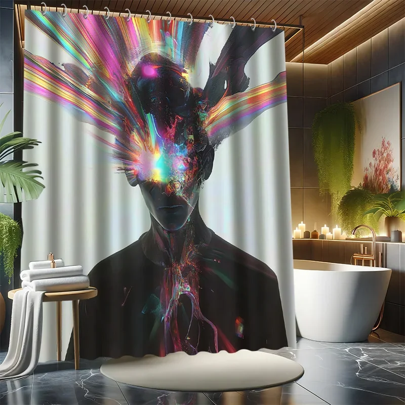 ~O~Fantasy Human Silhouette Shower Curtain Set, Colorful Explosion Design, Water-Resistant Polyester, Bathtub Partition, All-Sea