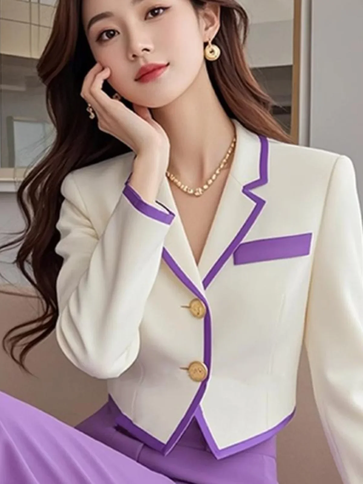 Autumn Fashion High-end Purple and White Suit Professional Women Clothing High Waist Wide Leg Pant Two Piece Set Women Outfits