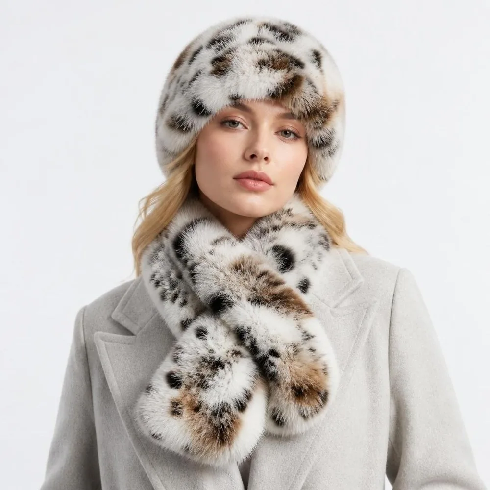 Leopard Faux Fur Hat Scarf Set Thermal Lining Fluffy Beret Hat with Scarf Soft Cross Scarf Style Winter Hat Set Outdoor Use