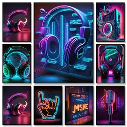 팝 80S 라이브 음악 네온 펑크 포스터 미학 DJ 기타 노래방 헤드폰, 캔버스 페인팅, 벽 예술, 홈 룸 장식, 조명 없음