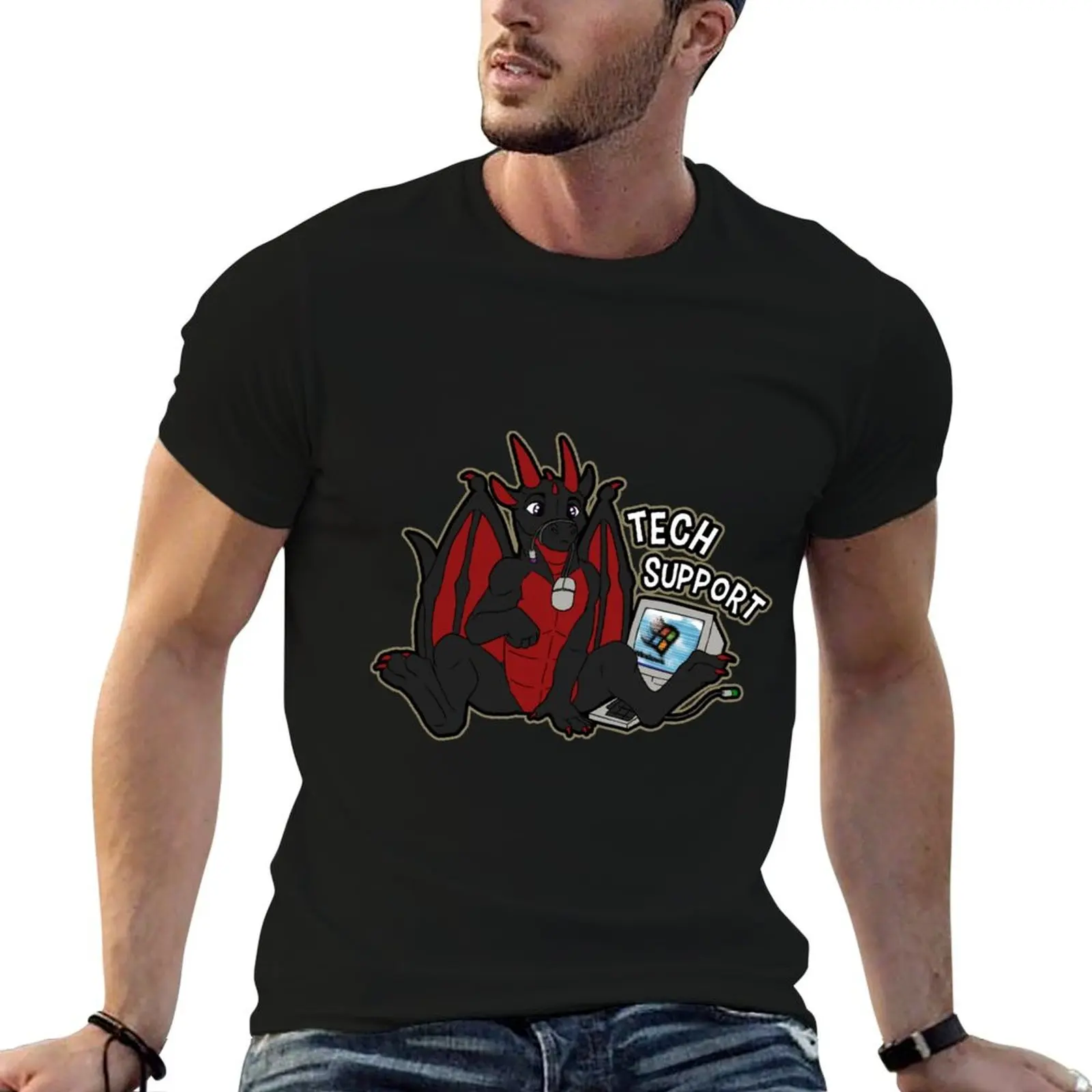 

Tech Support Dragon - Black & Red T-Shirt men t shirt cotton 100% essential t shirt T-Shirt