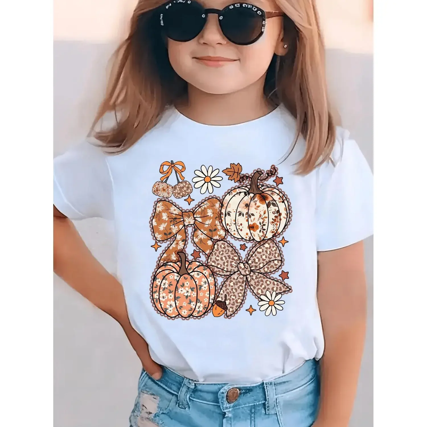 Summer Fashion Cotton T-shirt for Girls Featuring Halloween Themes Including Pumpkin with Leopard Print Daisies Maple Leaves and Stars Casual and Versatile Top