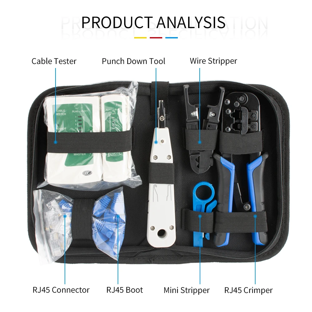 Cat5e Pass Through RJ45 Crimping Tool Kit, 8P 6P Ethernet Crimper Pliers with Cable Stripper, 20Pcs Cat5e Connectors and Boots
