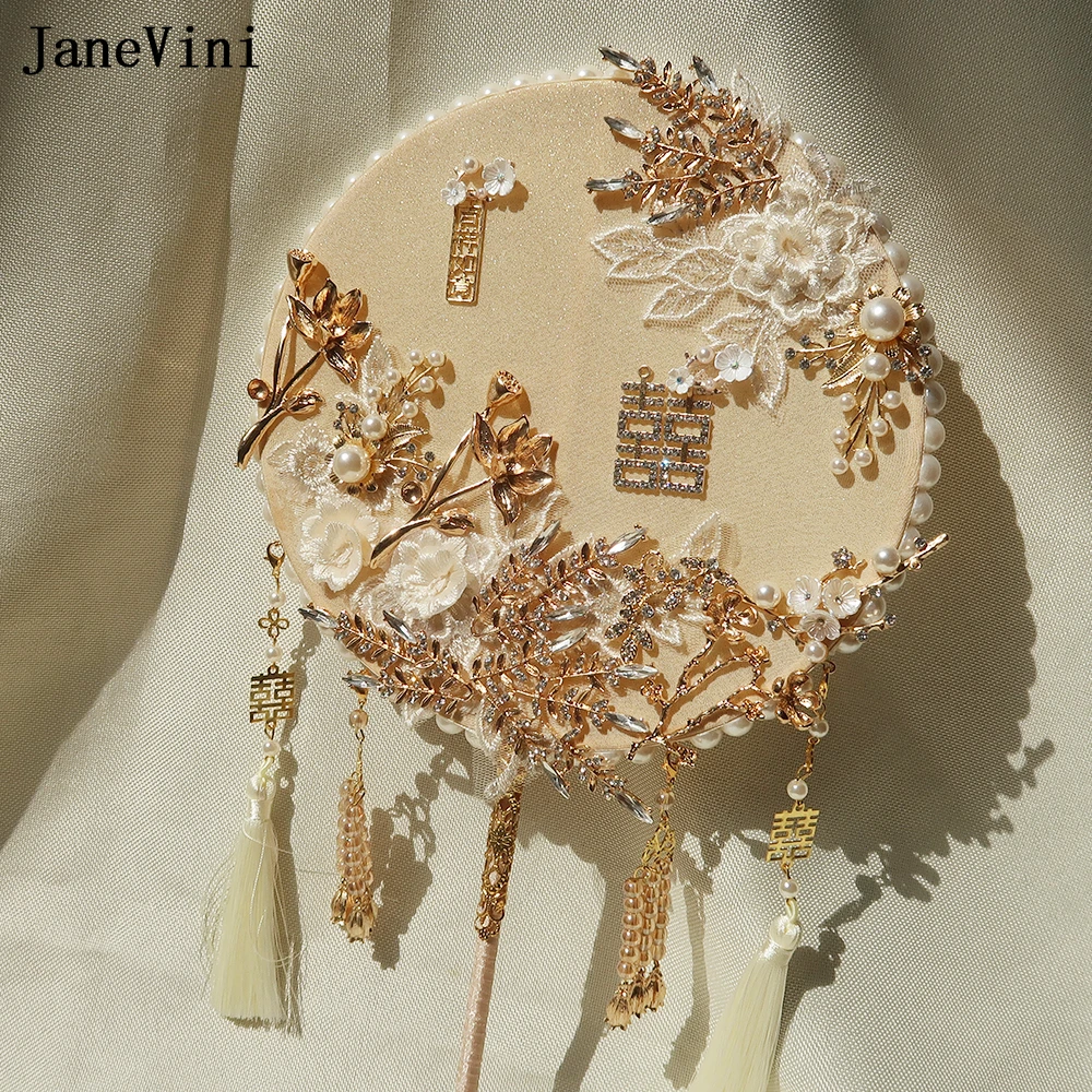 

JaneVini Luxury Gold Pearls Beaded Wedding Fan Lace Flowers Chinese Bridal Hand Fan Ancient Tassel Bride Bouquet De Mariage