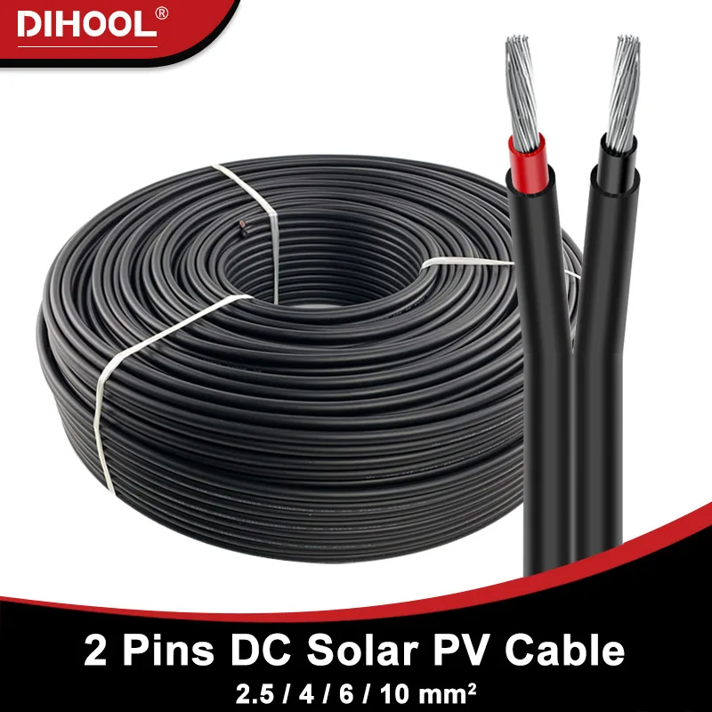 Kabel fotowoltaiczny 2,5/4/6/10 mm2 Czarne elektryczne kable połączeniowe z izolacją PVC 2 piny Przedłużacz falownika panelu fotowoltaicznego