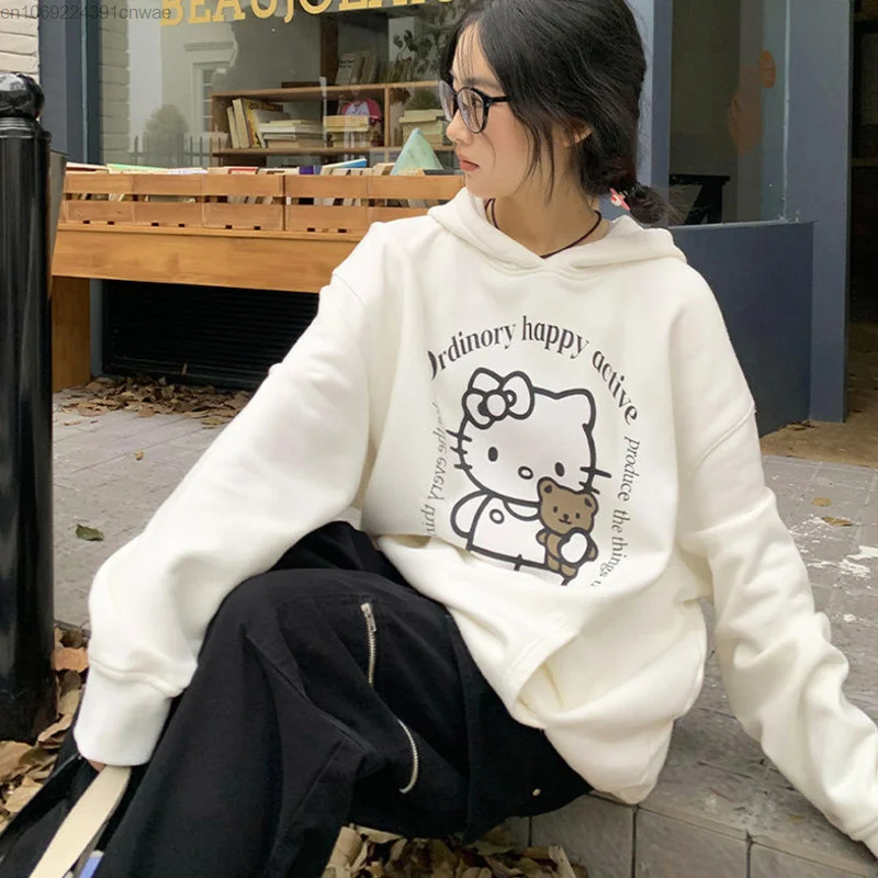 Sanrio Hello Kitty Slouchy Hooded Sweatshirt Women\'s Autumn Winter Grunge Hip Hop Hoodie 90s Vintage Harajuku Streetwear Girls