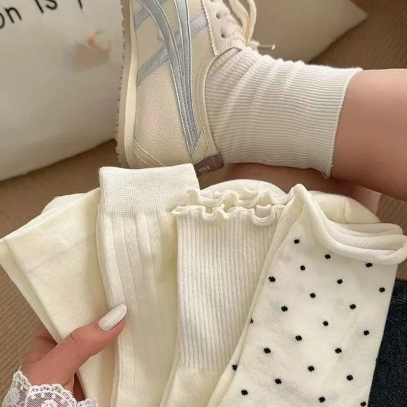 5 paires femmes chaussettes blanches automne mi-longue chaussettes décontracté fille été mince conception douce couleur unie Coquette chaussettes bonneterie 2025