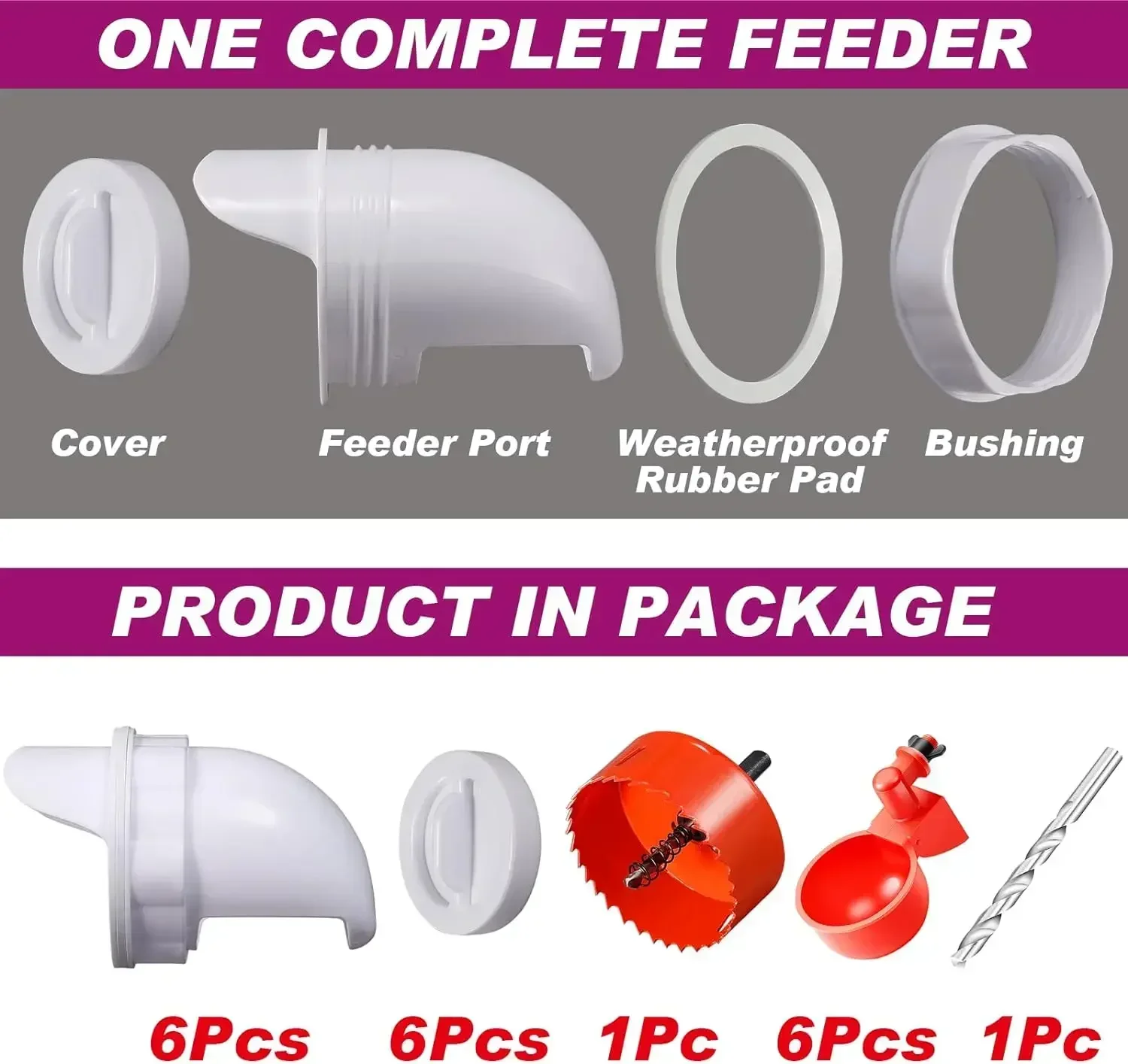 Poultry feeder and waterer with rodent-proof cover, 6 connectors, 6 chicken water cups and hole opener, poultry feeding kit