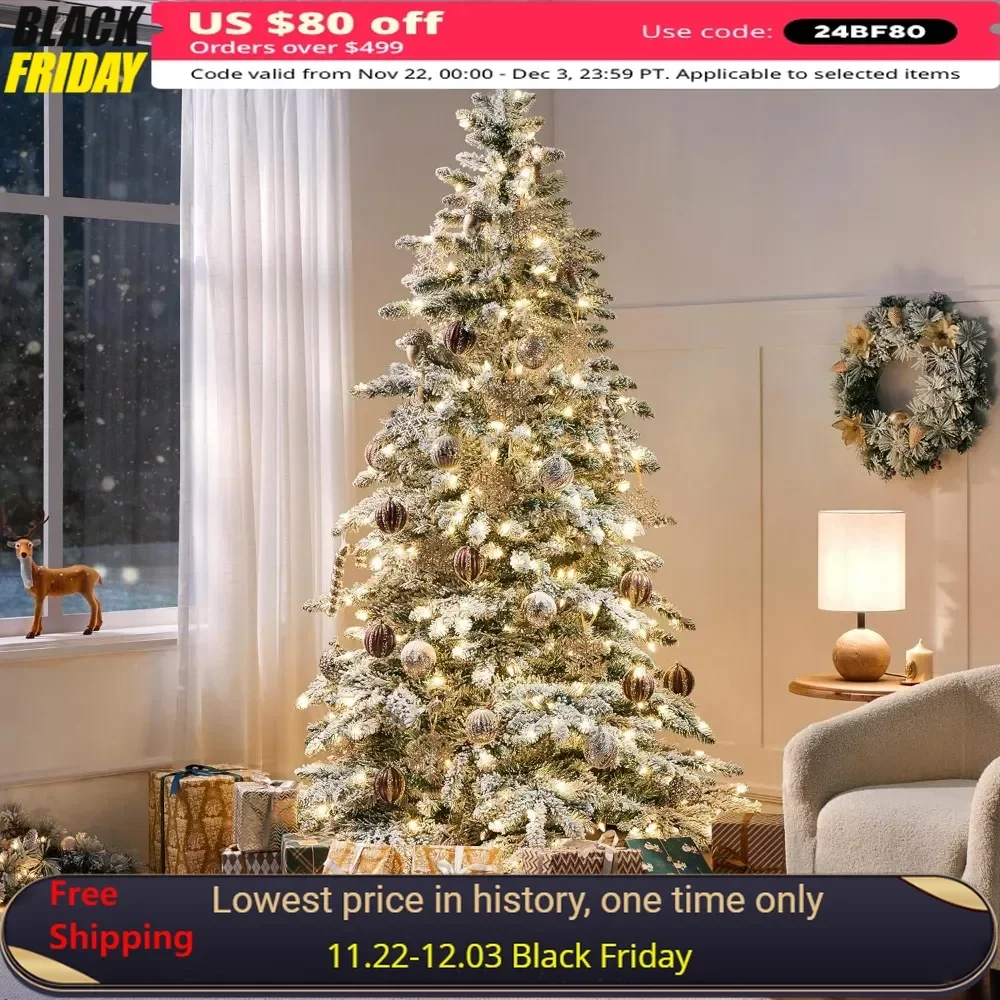 

7.5ft Pre-Lit Artificial Christmas Tree with 550 Warm White LED Lights & 1278 PVC Tips,Hinged Snow Flocked Xmas Tree