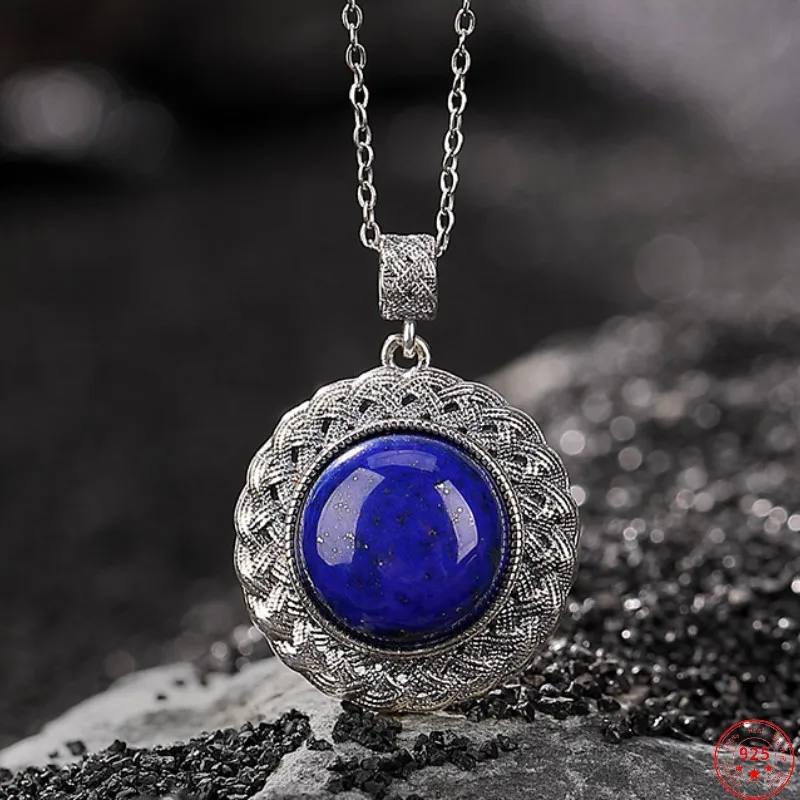 Genuine S925 Sterling Silver Pendants for Women Men New Fashion Round Lapis Lazuli Vintage Weaven Pattern Elegant Trendy Jewelry