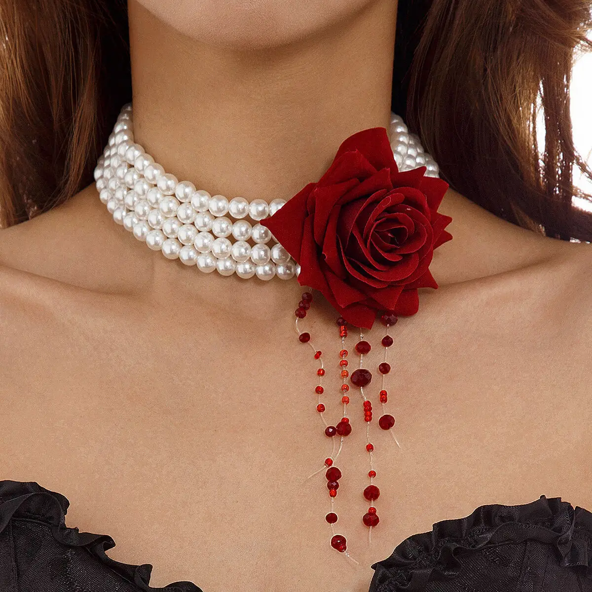 KunJoe New Gothic Black Red Crystal Tassels Chain Halloween Large Rose Flower Necklace Women Multi Layer Imitation Pearl Choker